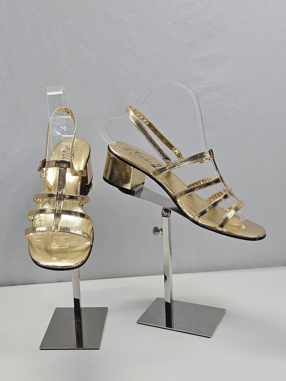 Vintage 1970s L'Italia Gold Metallic Cage Sandals Block Heel Slingback Italy 9 M